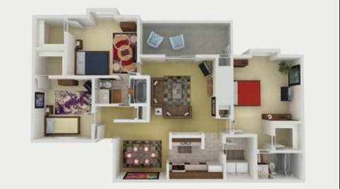 A 3D floor plan of a house with a kitchen, living room, and two bedrooms.